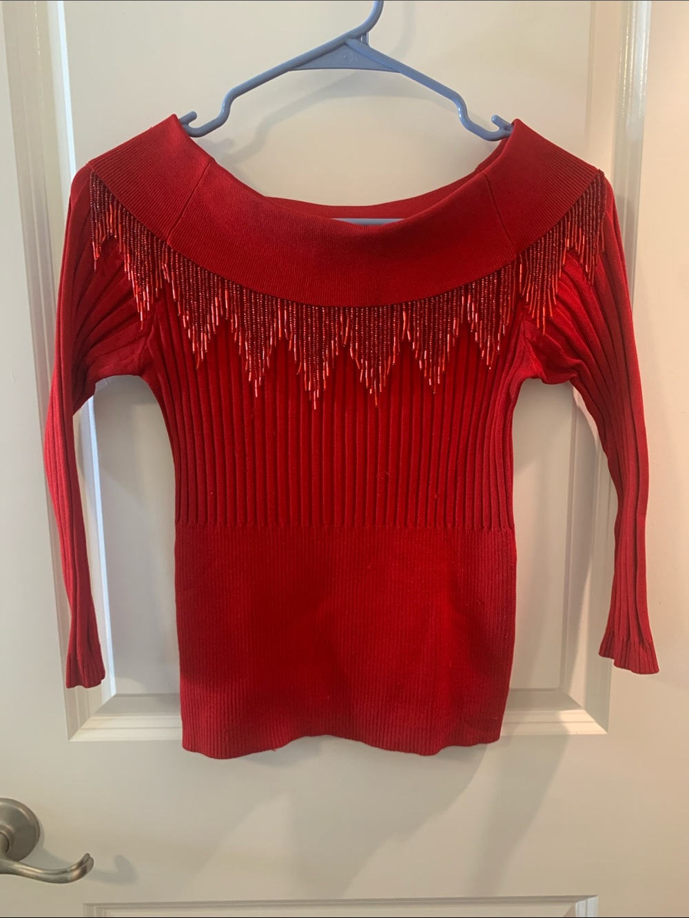Cache Red Off-Shoulder Beaded Fringe Sweater